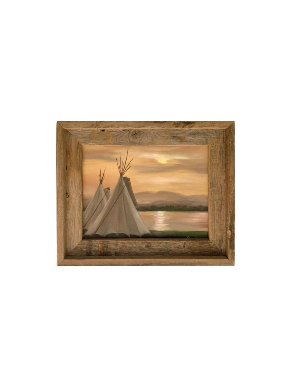 Painting Sunset Native American Teepee Oil on Canvas Landscape Vintage Western A